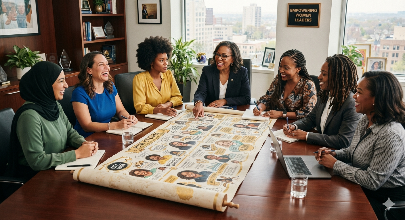 Diverse group of women business leaders reviewing a HERSTORY scroll in a professional meeting